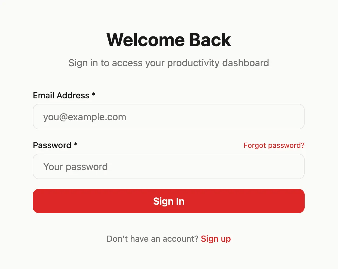 The resulting sign-in screen with email and password fields
