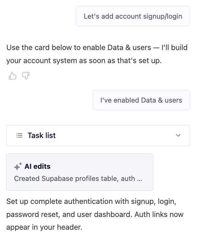 The AI building the sign-in flow: a Supabase profiles table and authentication