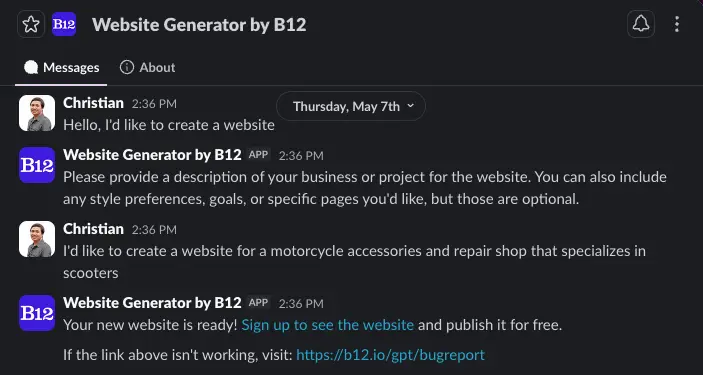 Website Generator by B12 responding in Slack with a link to a finished website