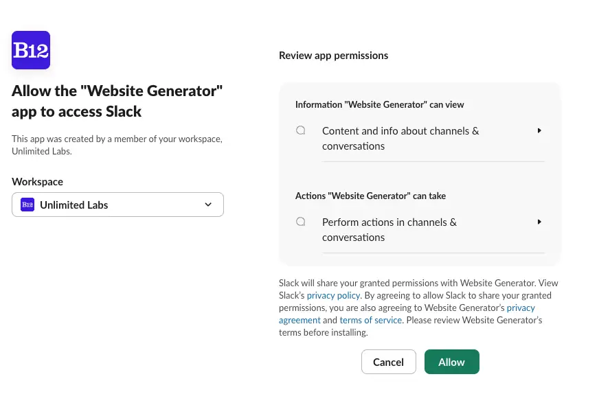 Installing Website Generator by B12 in a Slack workspace.