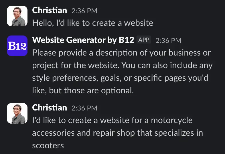 Describing a business to Website Generator by B12 in a Slack conversation.