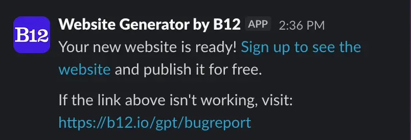 Website Generator by B12 delivering a finished website link in Slack.