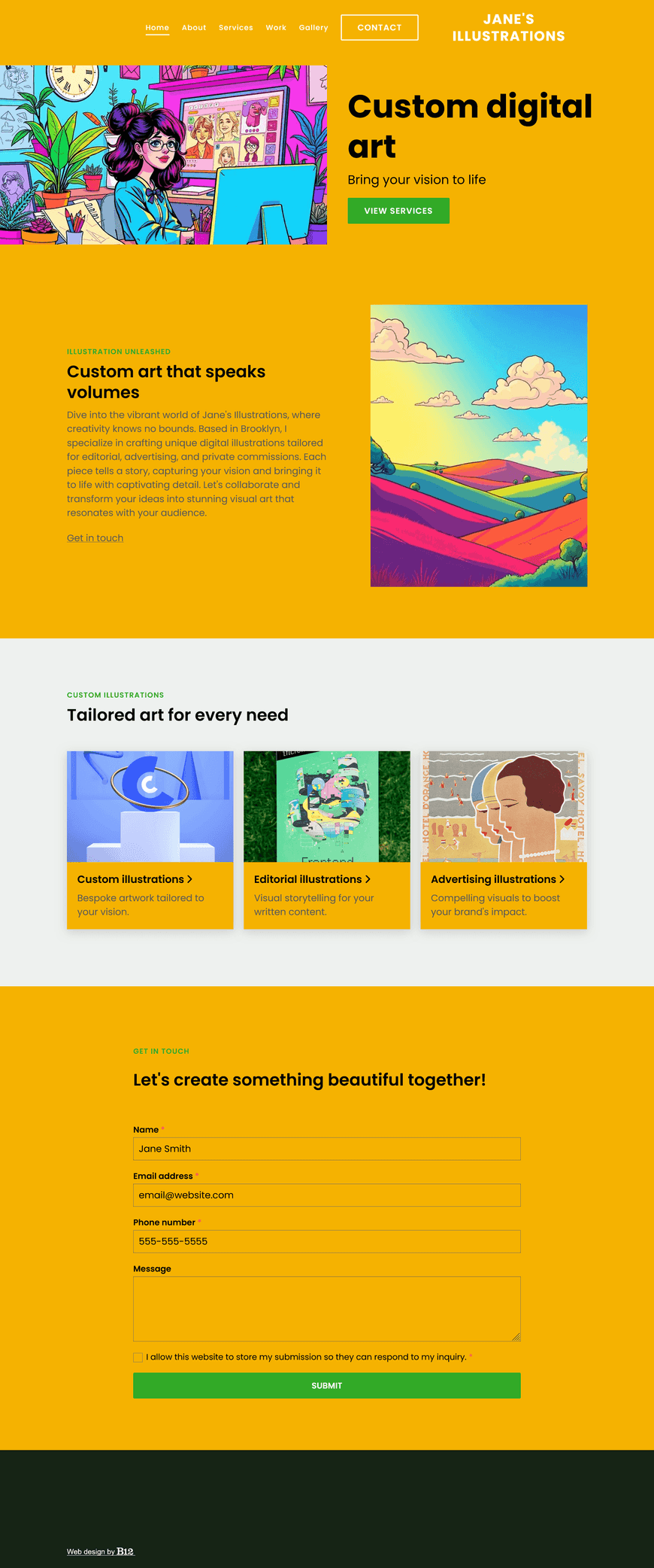 I'm a digital illustrator creating custom art for editorial, advertising, and private commissions. Build a website that showcases a gallery of my work and lets people contact me directly.