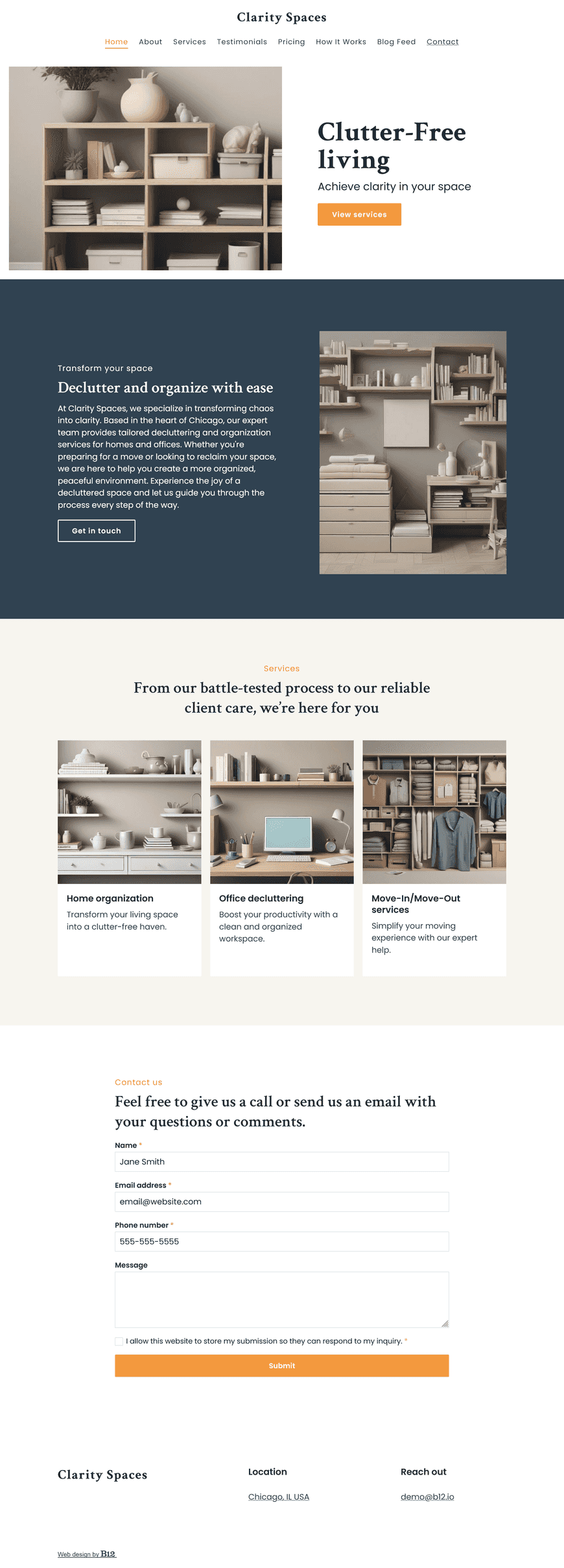 Design a clean and user-friendly website for a decluttering and organization service based in Chicago, IL. The website should include a Services (home organization, office decluttering, move-in/move-out services), Testimonials, Blog (organizing tips and tricks), Pricing, and Contact page. Additionally, include a "How It Works" page that outlines the step-by-step process for booking and completing a session.