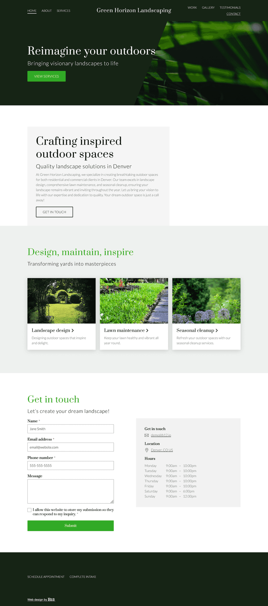 Our landscaping business creates stunning outdoor spaces for both residential and commercial clients around Denver through landscape design, lawn maintenance, and seasonal cleanup. The site should have a gallery of completed projects, a section with client reviews, and a contact form for new inquiries.