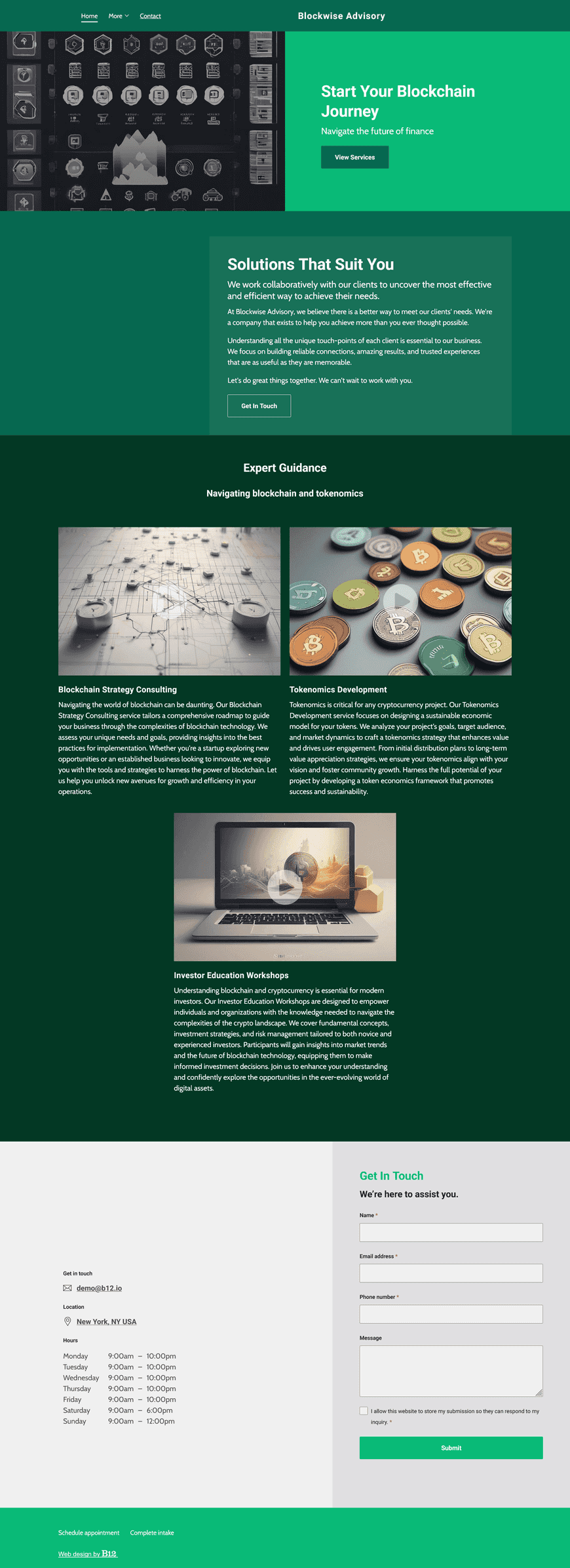 Design a professional website for a crypto consulting firm based in New York, specializing in helping startups and investors navigate blockchain technology and tokenomics. The design should be sleek and forward-looking, with dark mode styling, clean icons, and data-driven visuals. Include sections for services, founder profile, client industries, market commentary, and a contact form.