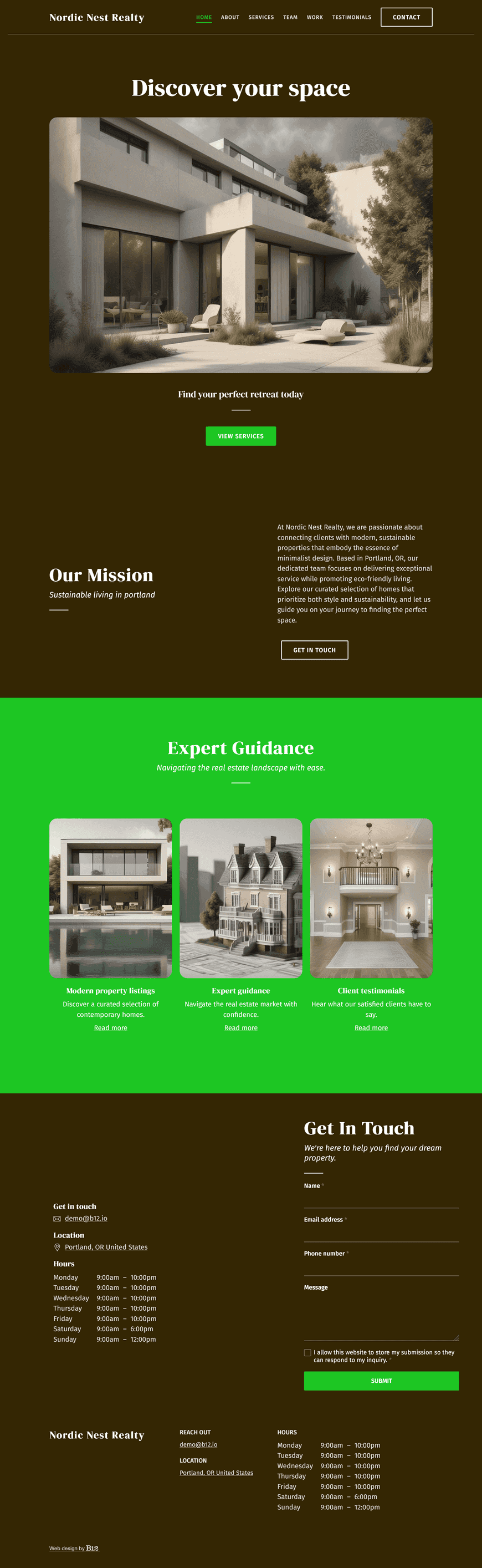 Create a minimalist website for our real estate firm based in Portland, OR, specializing in modern, sustainable properties. The design should focus on clean lines, ample white space, and a soft, neutral color palette. Include a simple, welcoming homepage, an About Us page featuring team members Emily Carter and Noah Reed, a Portfolio page with available properties, Testimonials, and a contact form.