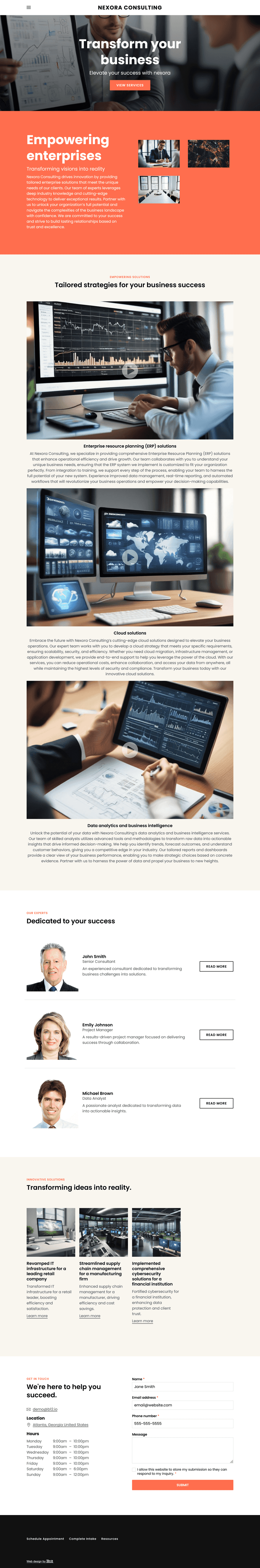 Build a polished and professional website for Nexora Consulting, an enterprise solutions firm based in Atlanta, Georgia. Use a clean, structured layout with confident typography and abstract data-inspired visuals. Include pages for services, case studies, industries served, leadership team page, and a resource center with whitepapers and insights.