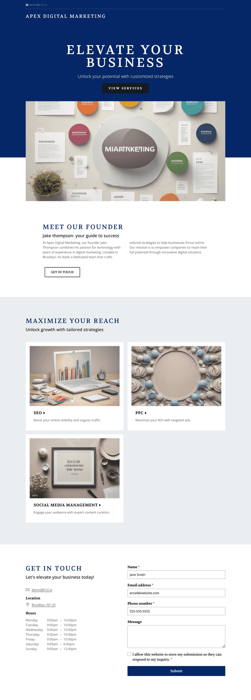 We help businesses scale with customized digital strategies. Create a one-page landing page that highlights our key services: SEO, PPC, and social media management. Include a clear call to action inviting visitors to schedule a free consultation. Add a brief About section introducing our founder, Jake Thompson. Feature a Testimonials section and a Contact form.