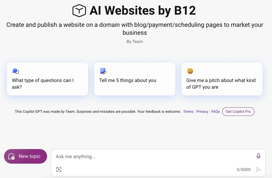 AI Websites By B12 Copilot GPT - Microsoft Copilot GPT for AI Web Design
