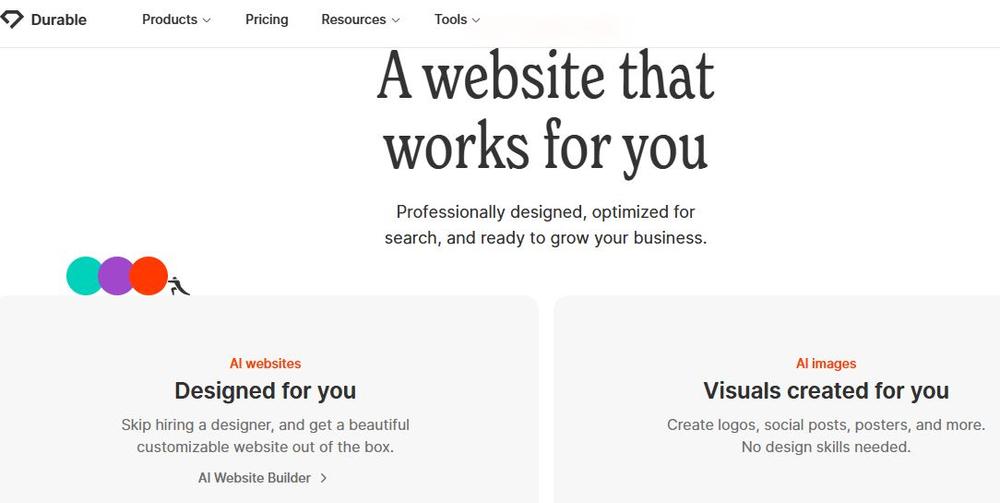 Screenshot of Durable AI’s homepage
