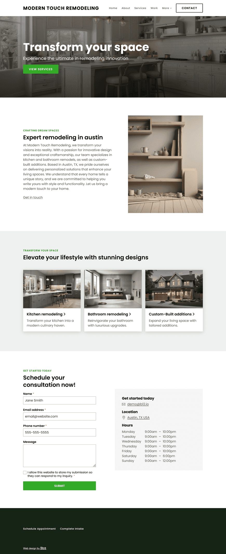 Create a sleek and engaging website for our home renovation company based in Austin, TX, specializing in kitchen and bathroom remodels and custom-built additions. The site should include an About page, a Portfolio page, a Testimonials page, a Blog featuring design trends and renovation advice, and a Contact page with a consultation request form.