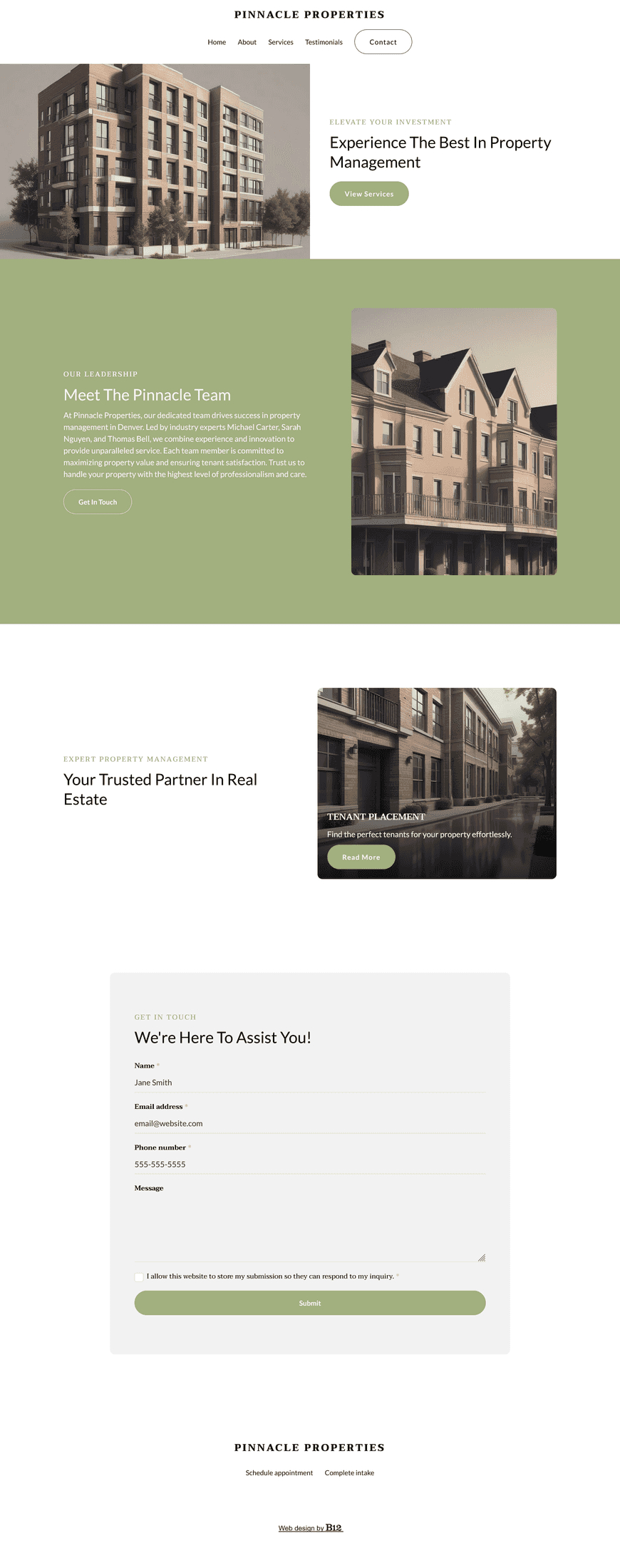Create a website for our full-service property management company based in Denver, Colorado. The website should include an About page highlighting the leadership team, such as Michael Carter, Sarah Nguyen, and Thomas Bell, a Services page, Testimonials, and a Contact form for inquiries.