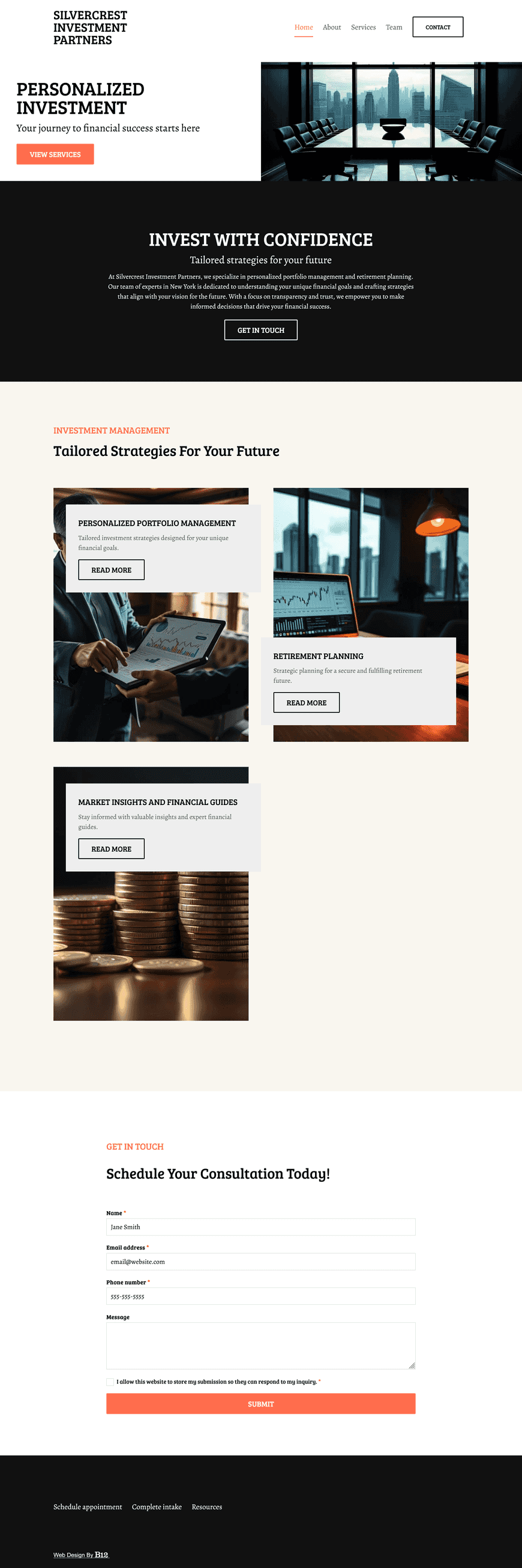 We're a New York investment firm specializing in personalized portfolio management and retirement planning. The site should include pages for our team (Sarah Benson, CFA, and David Lee, CFP), resources for market insights and financial guides, a contact form to schedule consultations.
