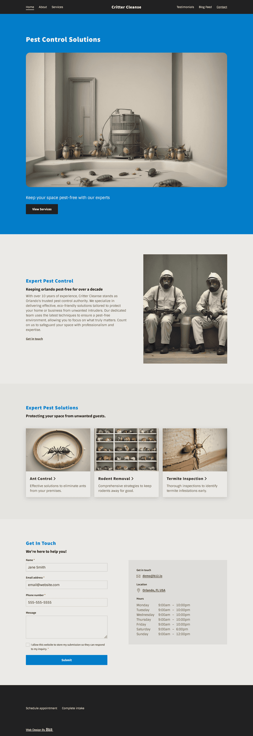 We’re a pest control company dedicated to keeping homes and businesses in Orlando, FL, pest-free. Build a website that includes an About page emphasizing our 10+ years of expertise, a Services page detailing solutions for common pests like ants and rodents, a Testimonials page, a Blog page sharing seasonal pest tips, and a Contact form.