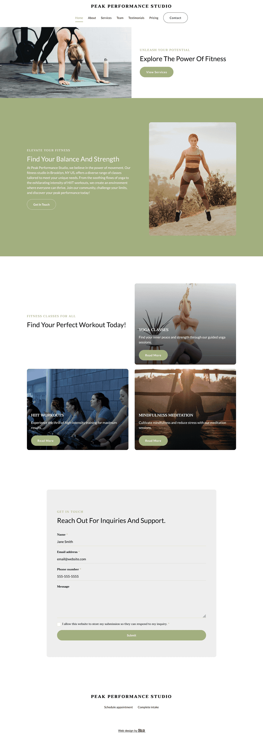 Our fitness studio offers a variety of classes, from calming yoga to high-intensity HIIT workouts. We need a minimalist website that features our membership options, client testimonials, a contact form, and detailed instructor profiles for lead trainer Amanda Green and certified yoga instructor Carlos Reyes. 