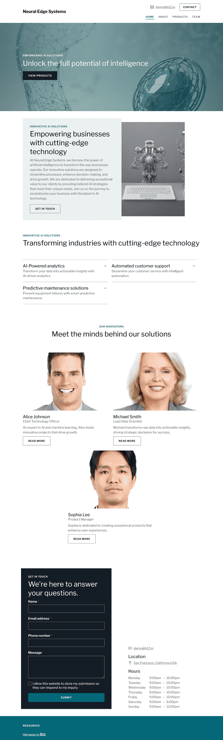 Design a sleek website for an AI solutions company headquartered in San Francisco, California. The design should feel innovative and professional, using a modern sans-serif typeface, animated data visuals, and a blue and gray color scheme. Include sections for core products, use cases, industries served, company mission, leadership profiles, technical resources, and a contact form.
