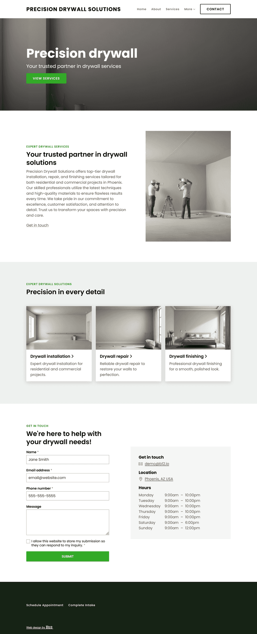 Design a professional and informative website for our drywall business based in Phoenix, AZ specializing in residential and commercial drywall installation, repair, and finishing services. The website should include a Services page, Testimonials page, Blog featuring articles about common drywall issues, DIY repair tips, and trends in drywall finishing, and Contact page.