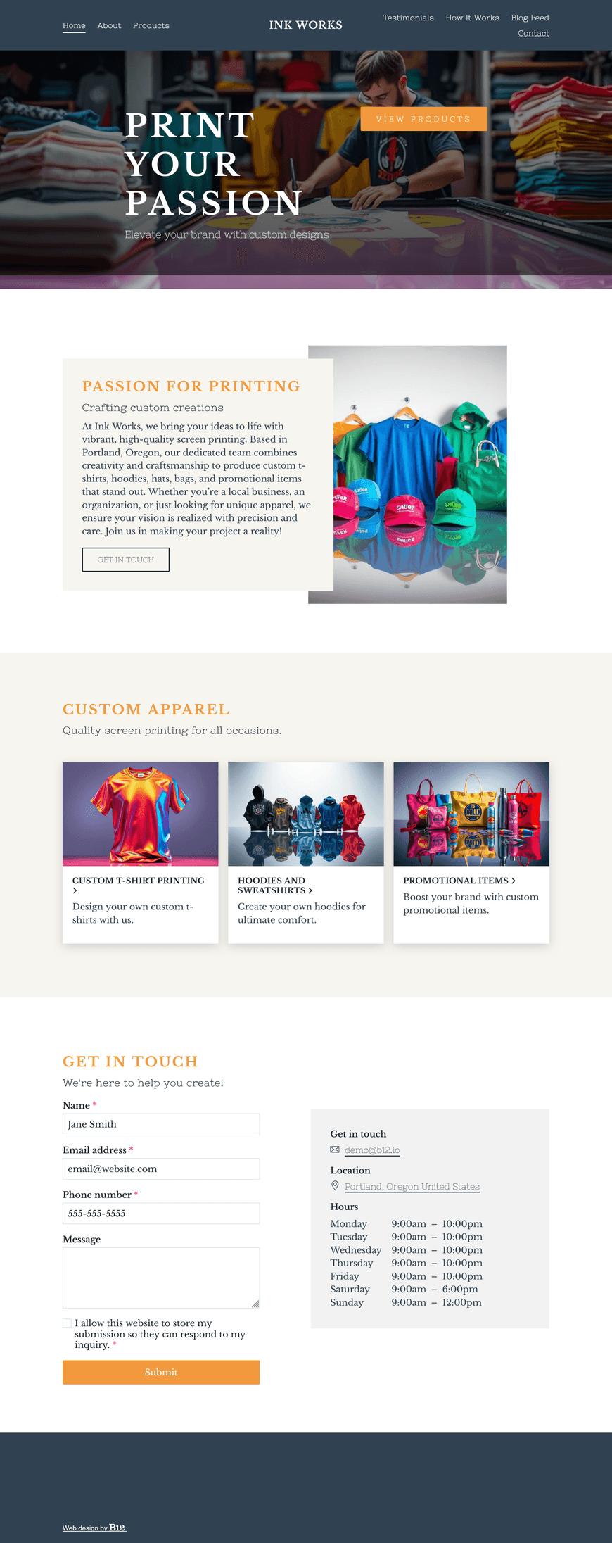 Create a website for our screen printing business located in Portland, Oregon. The website should include an About page, Services page listing services such as custom t-shirt printing, hoodies, hats, bags, and promotional items, Testimonials, Blog on topics like how screen printing works, and an easy-to-use contact form.