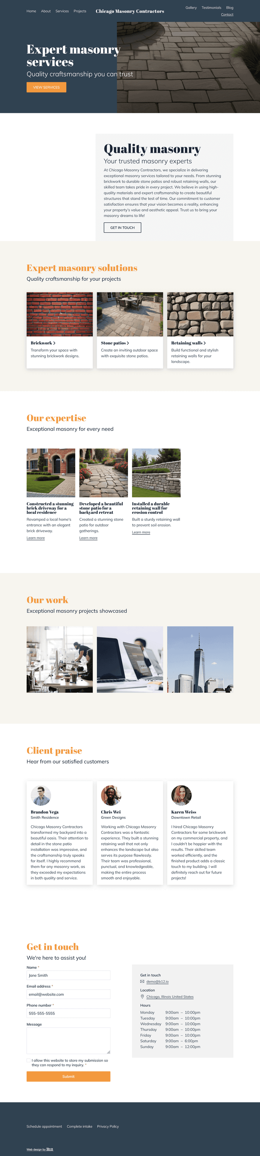 Build a clean, professional website for a masonry contractor based in Chicago, Illinois. The site should highlight services such as brickwork, stone patios, and retaining walls, with a strong portfolio page, testimonials, and a blog about masonry maintenance.