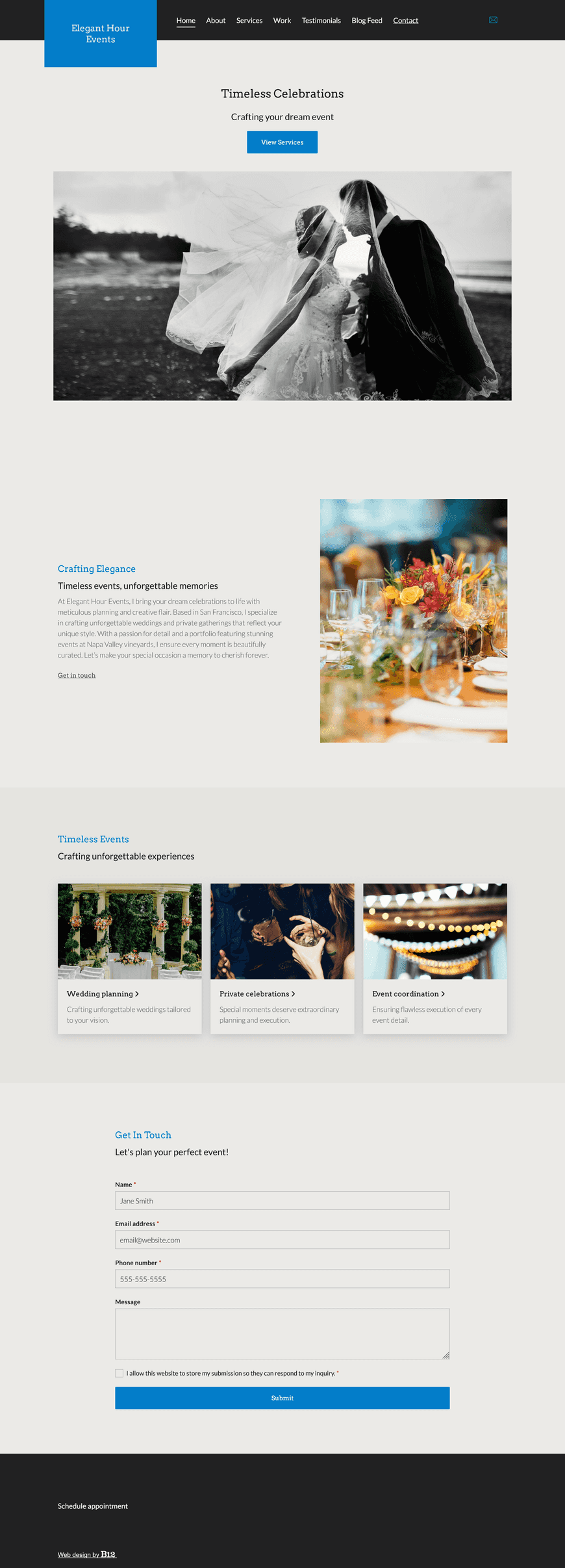 I’m a San Francisco-based event planner with a passion for creating timeless, memorable weddings and private celebrations. I need an elegant website featuring a portfolio of past events, including notable weddings at Napa Valley vineyards. The site should include a blog with planning tips and trends,  and a testimonials page.