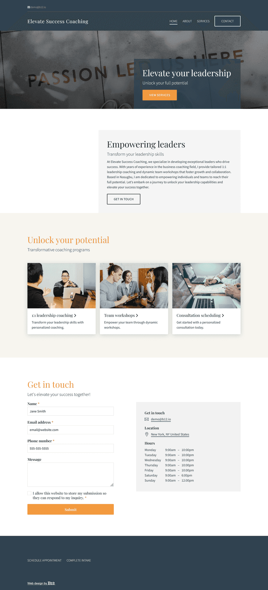 My New York business coaching service specializes in leadership development. I need a professional website with detailed descriptions of available coaching programs, including 1:1 leadership coaching and team workshops, consultation scheduling, and an “About Me” page all about my background and expertise.