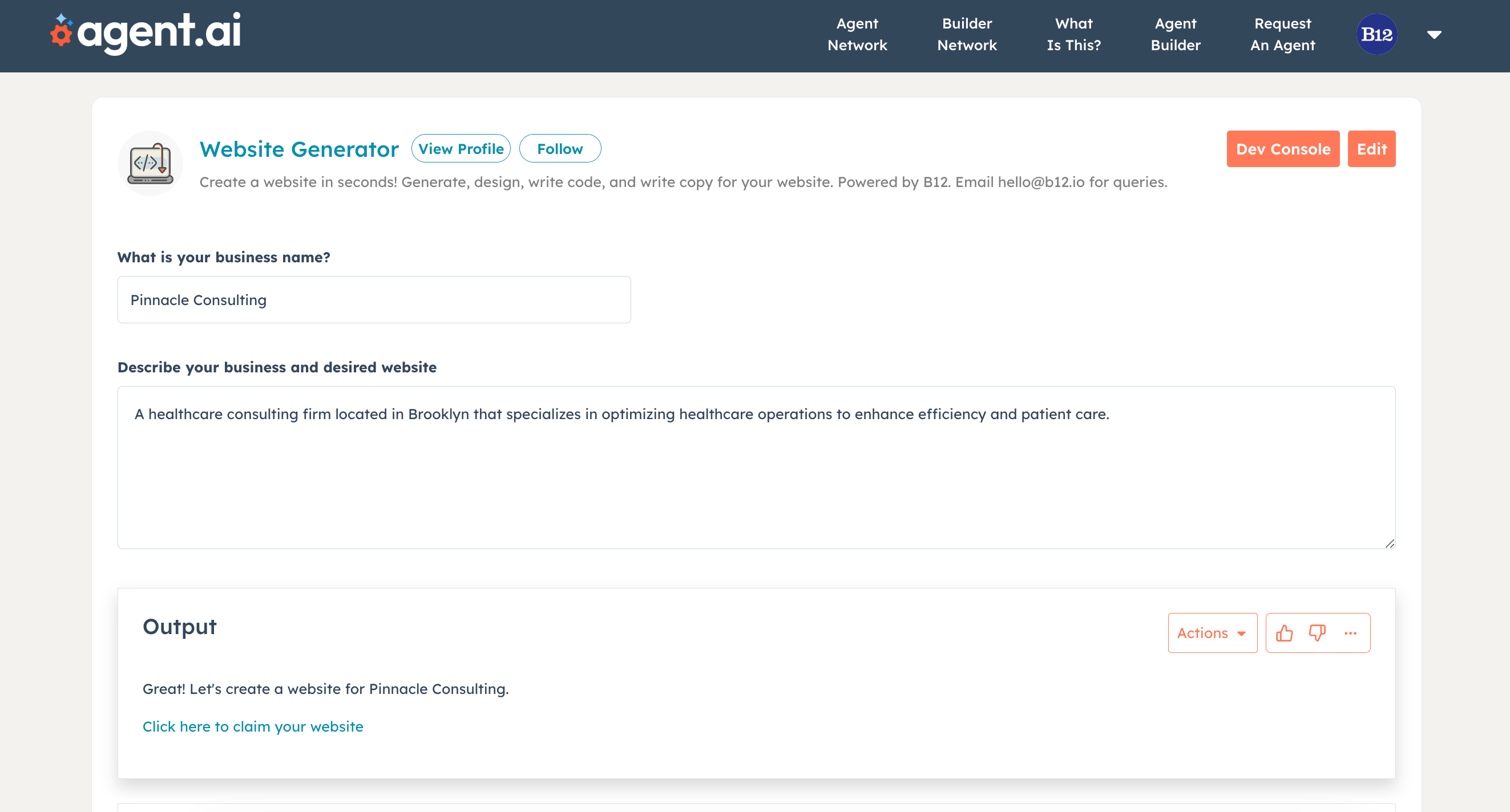 Build Stunning Websites in Seconds on agent.ai with B12