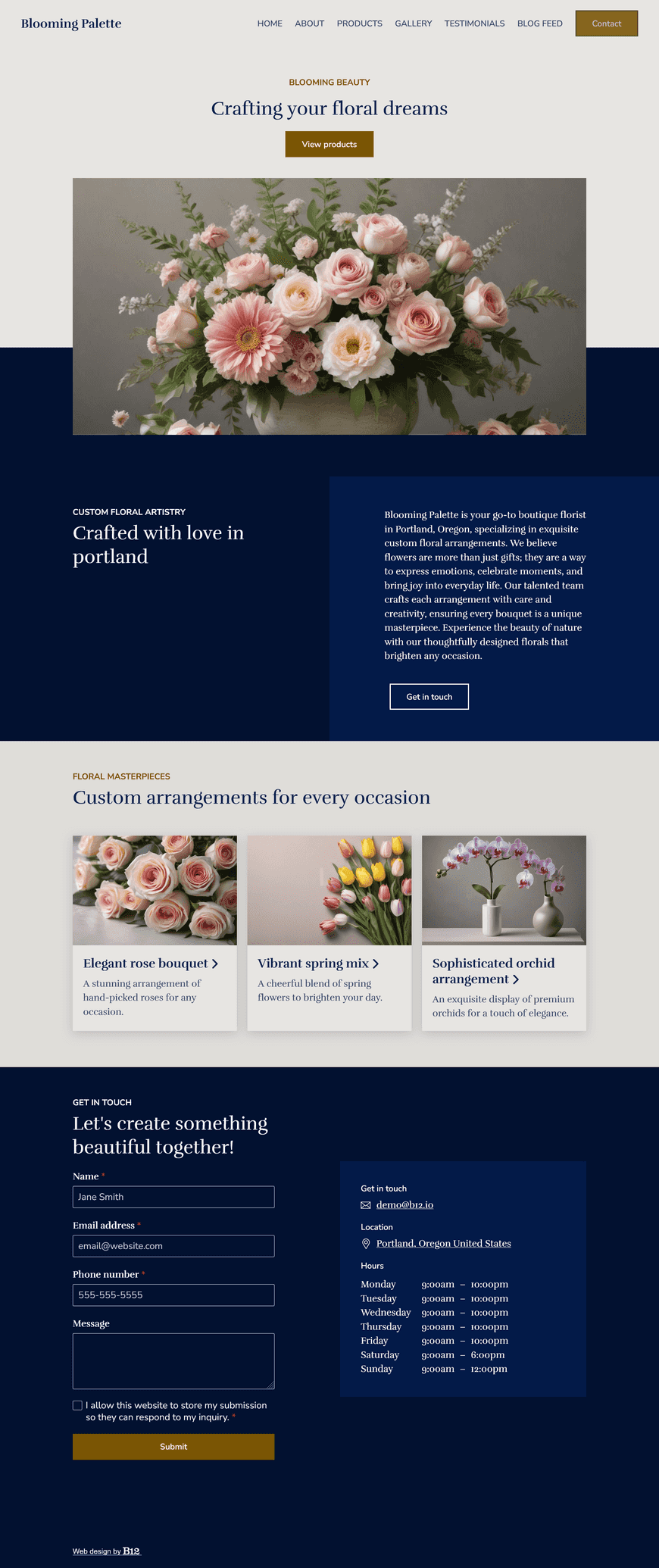 Design a website for our boutique florist located in Portland, Oregon, specializing in custom floral arrangements. The website should include a Products page, a Gallery of our recent work, Testimonials, Blog with posts on floral care tips and seasonal flower guides, and a Contact form with online booking.The design should use a soft pastel color palette and inviting typography. 