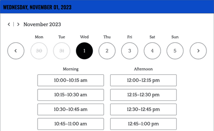A date and time picker showing available appointment slots in a B12 client portal
