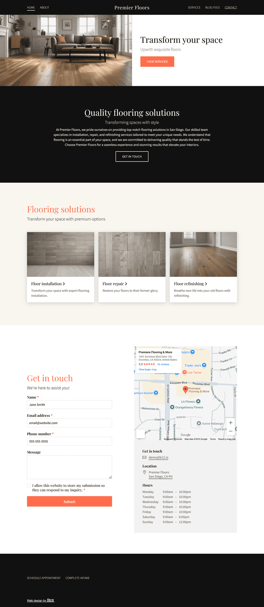 Create a professional and visually appealing website for our flooring business located in San Diego, CA. The website should include a Services page detailing the various flooring options available, including installation, repair, and refinishing services. Add a Blog with posts about flooring care. For the Contact page, include a service request form. 