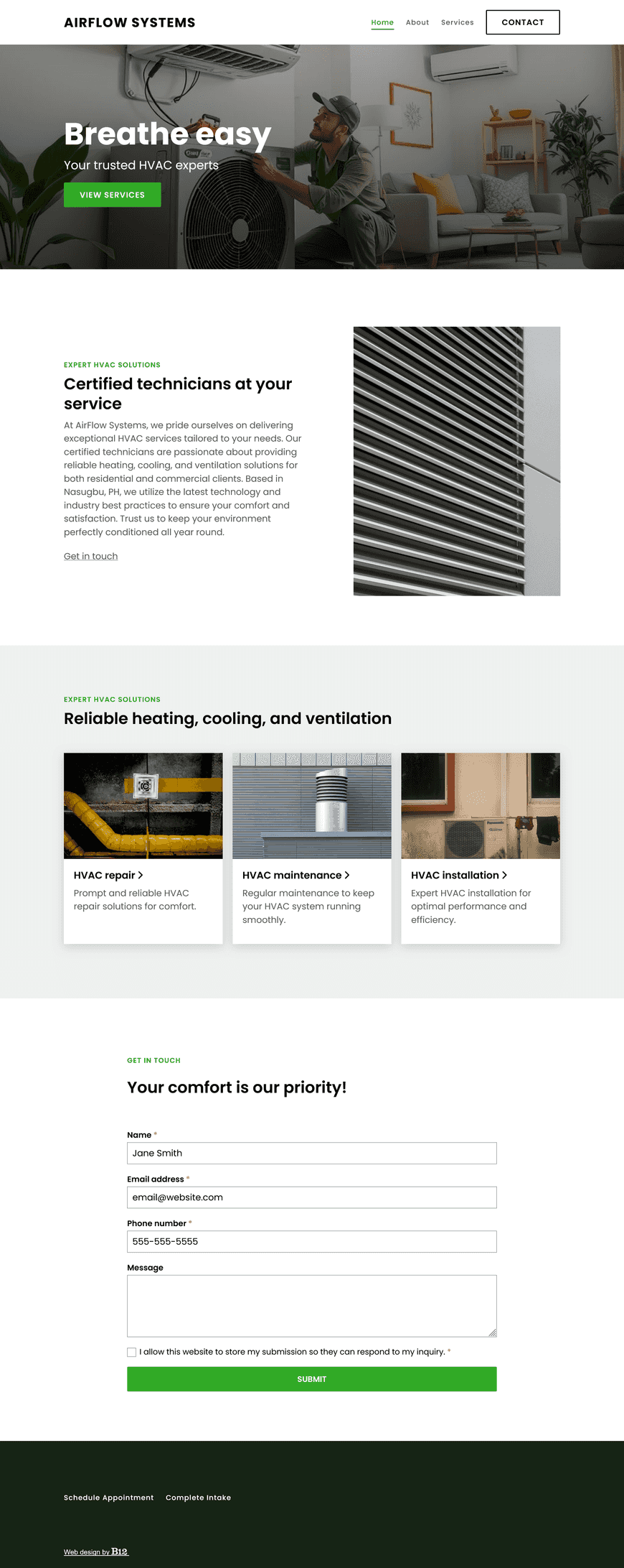 An HVAC service company that offers residential and commercial heating, cooling, and ventilation solutions. The site should include an About page highlighting our certified technicians, a Services page detailing HVAC repair, maintenance, and installation, and a form for booking appointments. 