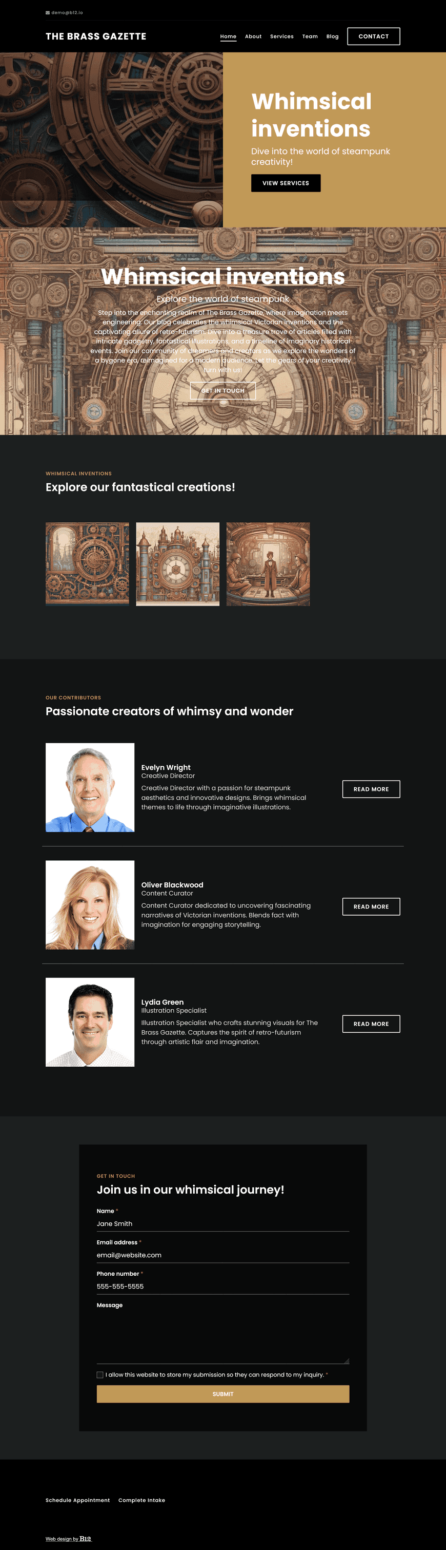 Create a whimsical and gear-filled site for The Brass Gazette, a blog celebrating fantastical Victorian inventions and retro-futurism. Use steampunk illustrations with copper tones, mechanical blueprints, and intricate gadgetry. Include articles, team page for contributor profiles, and a timeline of imaginary historical events.