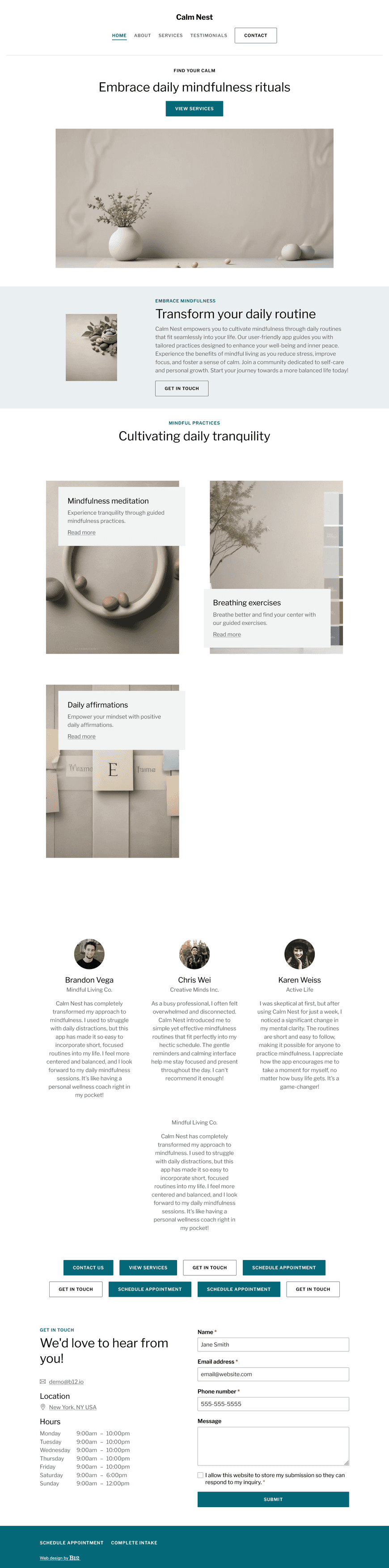 Design a minimal landing page for a wellness app that promotes daily mindfulness routines. The page should be clean and focused, using soft tones and ample white space. Include a short product description, key benefits, user testimonials, and clear CTAs to download the app or join the waitlist. 