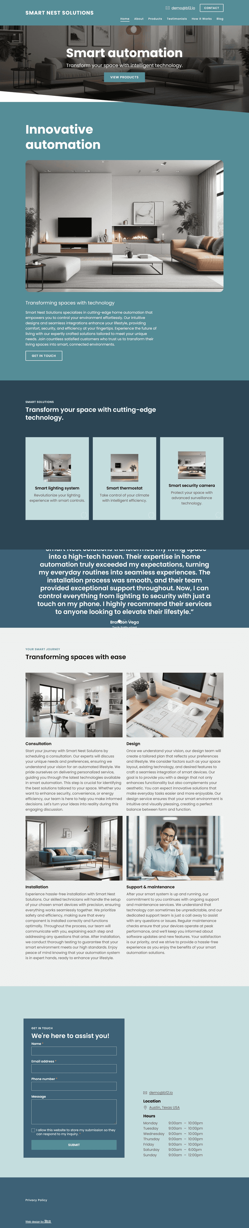 Design a sleek and intuitive website for Smart Nest Solutions, a home automation provider based in Austin, Texas. Incorporate modern tech visuals, clean lines, and easy navigation. Feature product showcases, installation services, customer testimonials, and a smart home blog.