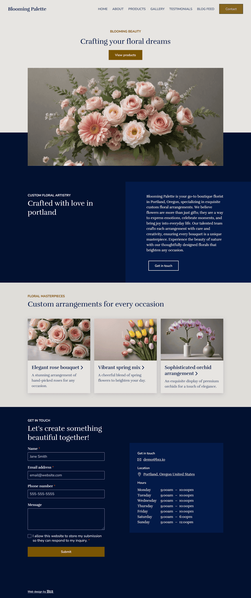 Design a website for our boutique florist located in Portland, Oregon, specializing in custom floral arrangements. The website should include a Products page, a Gallery of our recent work, Testimonials, Blog with posts on floral care tips and seasonal flower guides, and a Contact form with online booking.The design should use a soft pastel color palette and inviting typography. 