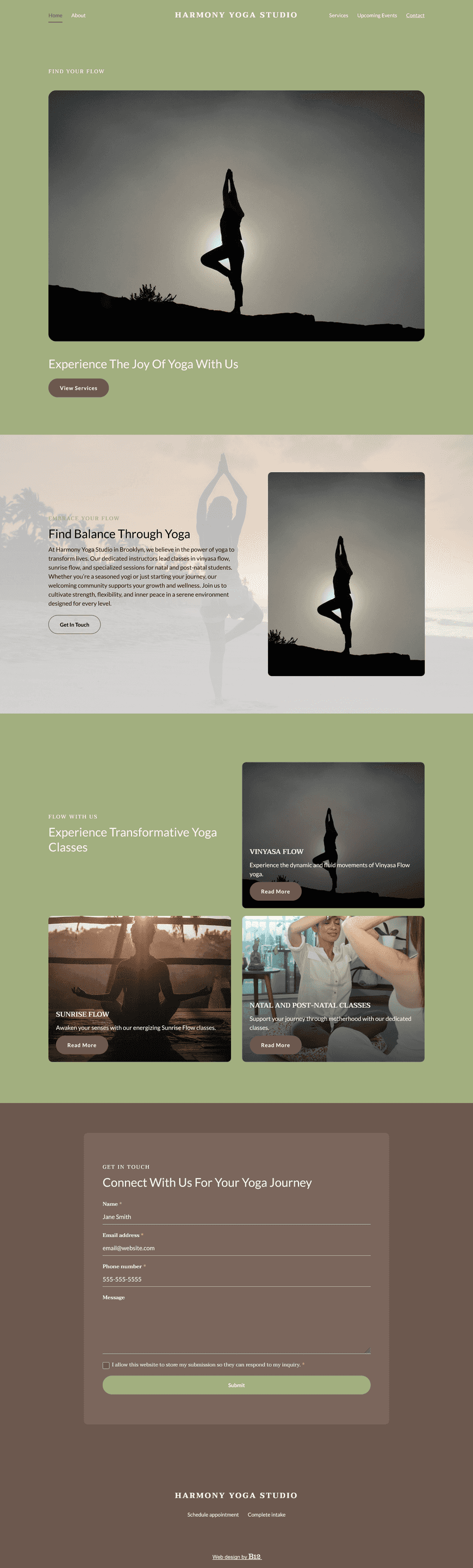 Our Brooklyn yoga studio offers vinyasa flow, sunrise flow, and natal and post-natal classes. Include an About page with bios for our instructors, Dominic, Maria, and Yvonne. We need an Events page for our workshops and retreats. 
