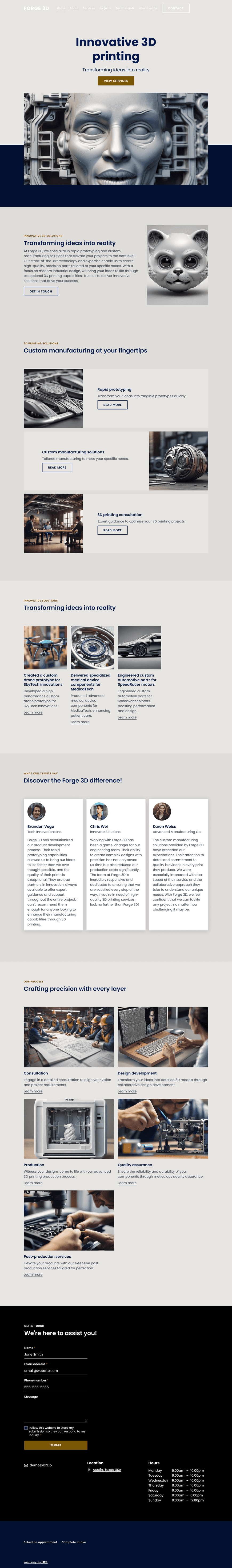 Create a modern, industrial-inspired website for Forge 3D, a professional 3D printing company based in Austin, Texas. Specializing in rapid prototyping and custom manufacturing solutions, the site should feature metallic accents and high-resolution images of printed components in real-world applications. Include sections for services, industries served, and client testimonials. 