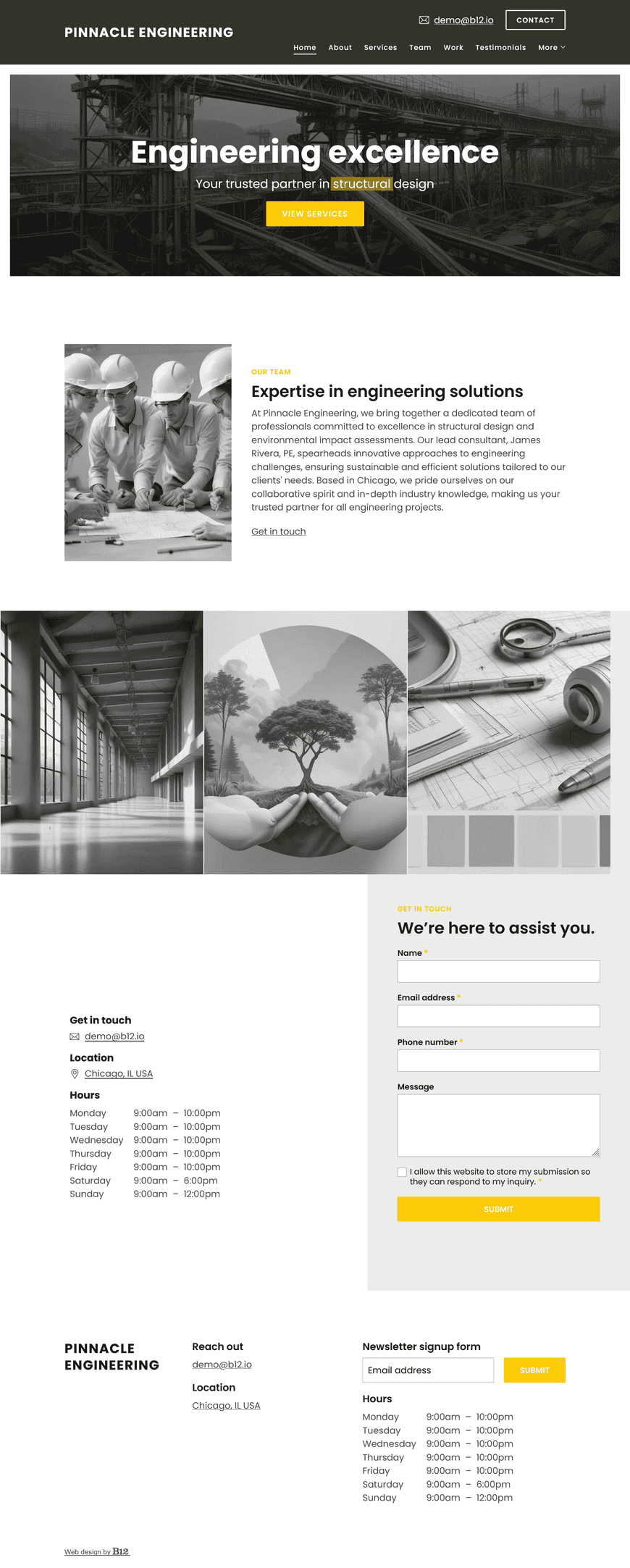 We’re a Chicago-based engineering consultancy specializing in structural design and environmental impact assessments. Build a professional website that showcases an About page introducing our team, including lead consultant James Rivera, PE. Include a Services page, a Projects page, a Testimonials page featuring endorsements from satisfied clients like Midwest Manufacturing, and a Contact form.