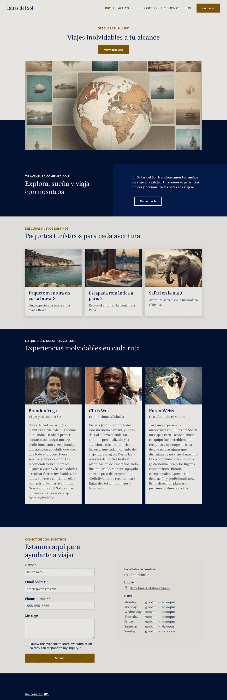 Crea un sitio web atractivo y organizado para la agencia de viajes Rutas del Sol. El sitio debe incluir una sección de paquetes turísticos nacionales e internacionales, una página para reservas en línea, testimonios de viajeros satisfechos, un blog con consejos de viaje, y un formulario de contacto. El diseño debe transmitir aventura, confianza y profesionalismo.