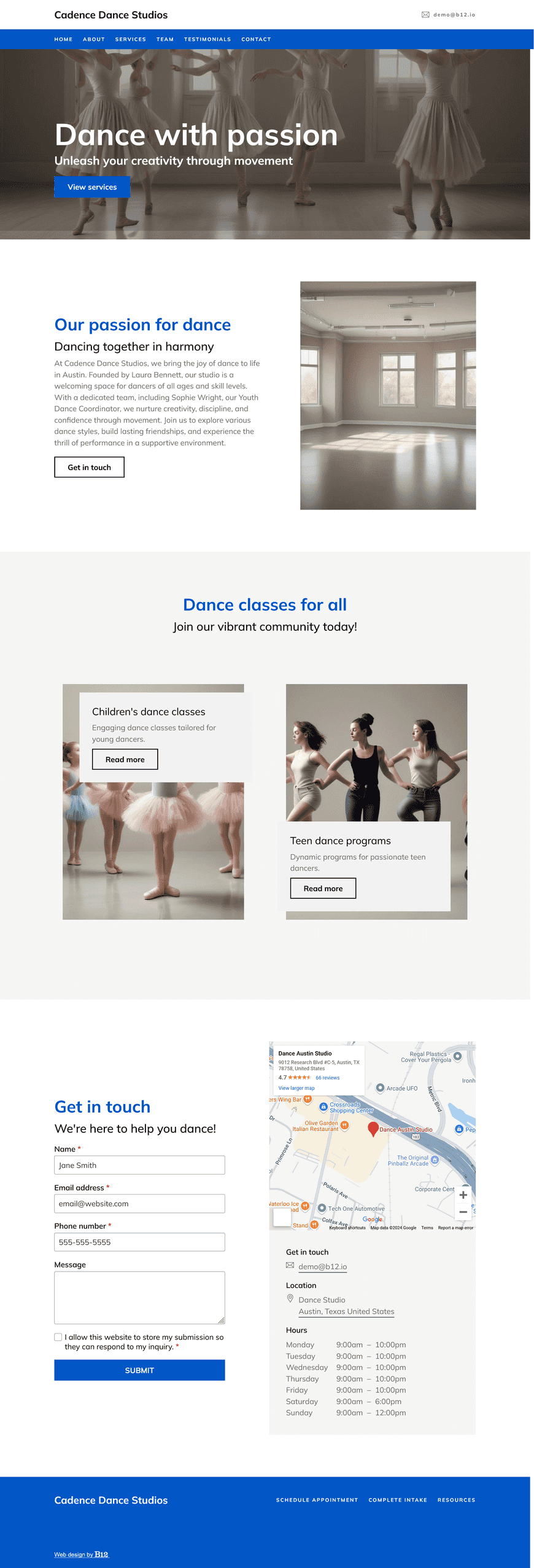 Design a website for our dance studio, located in Austin, Texas, offering dance classes for all ages and skill levels. The website include an About page showing key team members, such as Laura Bennett (Owner/Artistic Director) and Sophie Wright (Youth Dance Coordinator), Services page highlighting dance classes for children, teens, and adults, Testimonials, Resources on tips for preparing for performances, and a Contact page. 