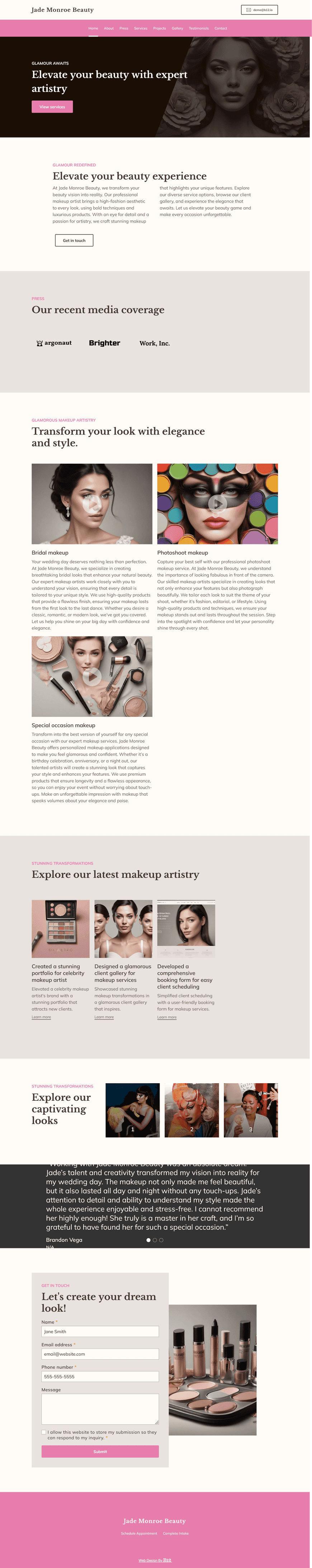 Design a glamorous and visually stunning portfolio site for a professional makeup artist based in Los Angeles. Use a high-fashion aesthetic with bold photography, luxe typography, and soft pink or gold accents. Include service options, client gallery, bio, press features, and booking form.