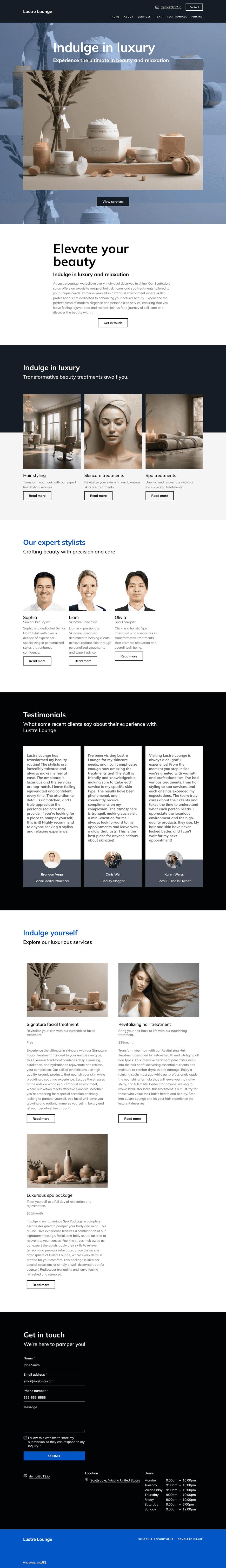 Design a modern and elegant website for a beauty salon located in Scottsdale, Arizona, offering hair, skincare, and spa treatments. The site should evoke a sense of luxury and relaxation, using soft tones, high-quality imagery, and a clean layout. Include pages for service listings, stylist bios, pricing, appointment booking, and customer testimonials.