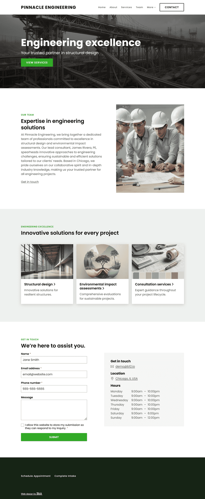 We’re a Chicago-based engineering consultancy specializing in structural design and environmental impact assessments. Build a professional website that showcases an About page introducing our team, including lead consultant James Rivera, PE. Include a Services page, a Projects page, a Testimonials page featuring endorsements from satisfied clients like Midwest Manufacturing, and a Contact form.