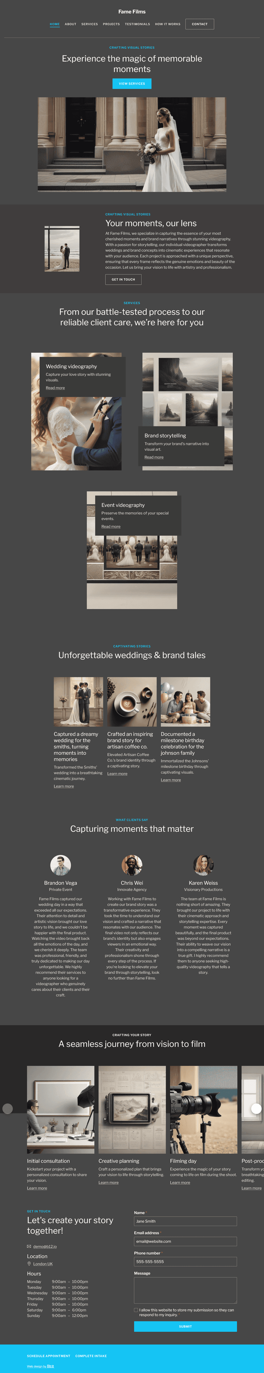 Design a cinematic and engaging website for an individual videographer specializing in weddings and brand storytelling, based in London. Use moody tones and storytelling-focused copy. Include projects, how it works, testimonials, and a contact page.