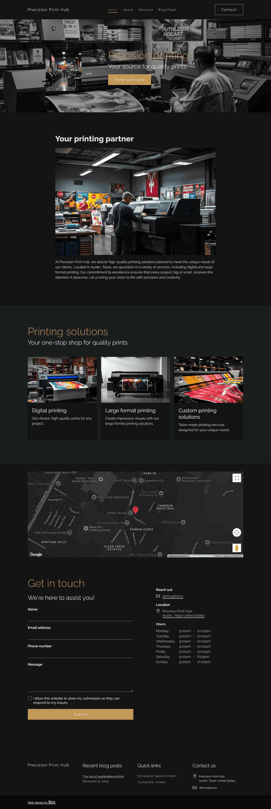 Design a website for our full-service printing center based in Austin, Texas, specializing in high-quality printing solutions. The website should include an About page, Services page with offerings like digital printing and large format printing (banners, posters), Blog on topics such as trends in printing design, and a quote request form, with the center’s Austin address with a map for easy navigation.