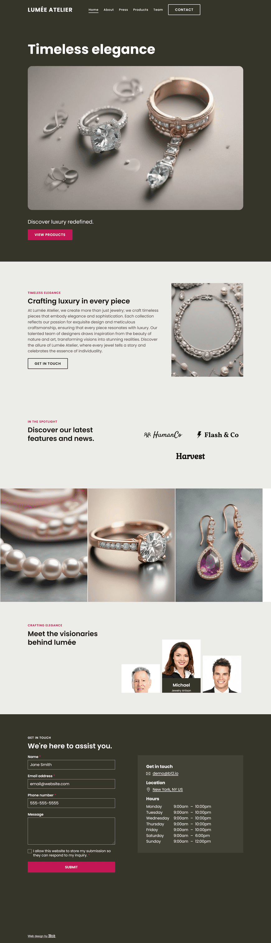 Design an elegant and luxurious website for Lumée Atelier, a high-end jewelry brand. Use glossy product photography, minimalist layouts, and refined typography. Include product collections, product pages, team profiles of designers, and a press section.