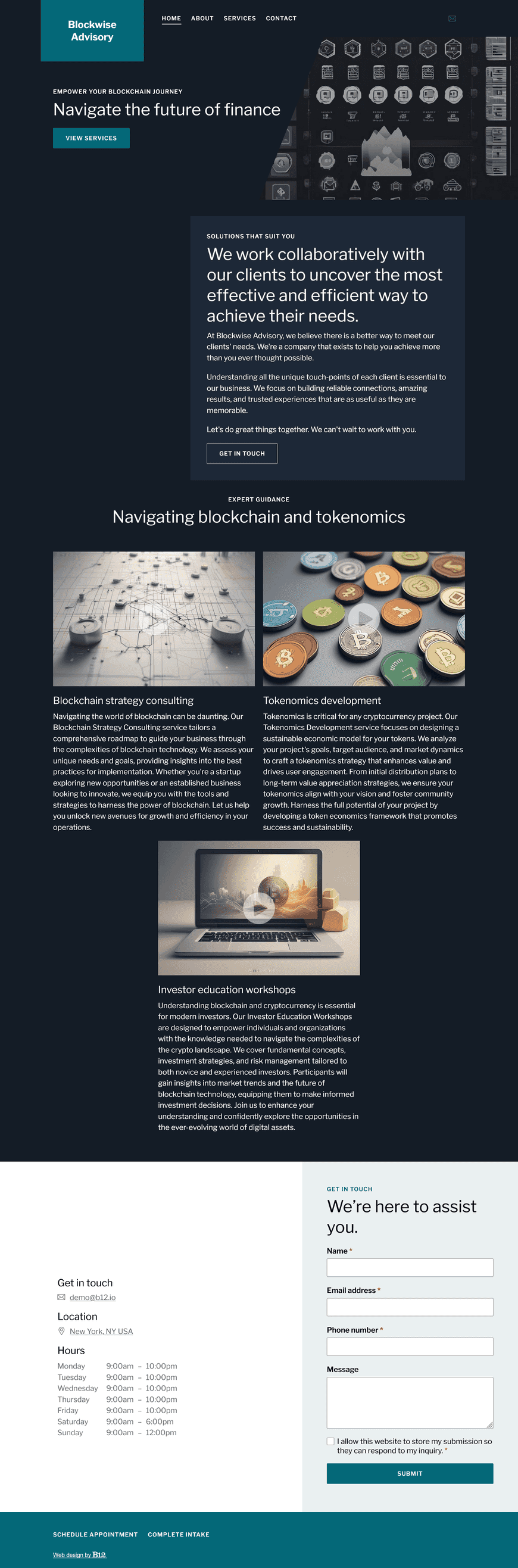 Design a professional website for a crypto consulting firm based in New York, specializing in helping startups and investors navigate blockchain technology and tokenomics. The design should be sleek and forward-looking, with dark mode styling, clean icons, and data-driven visuals. Include sections for services, founder profile, client industries, market commentary, and a contact form.