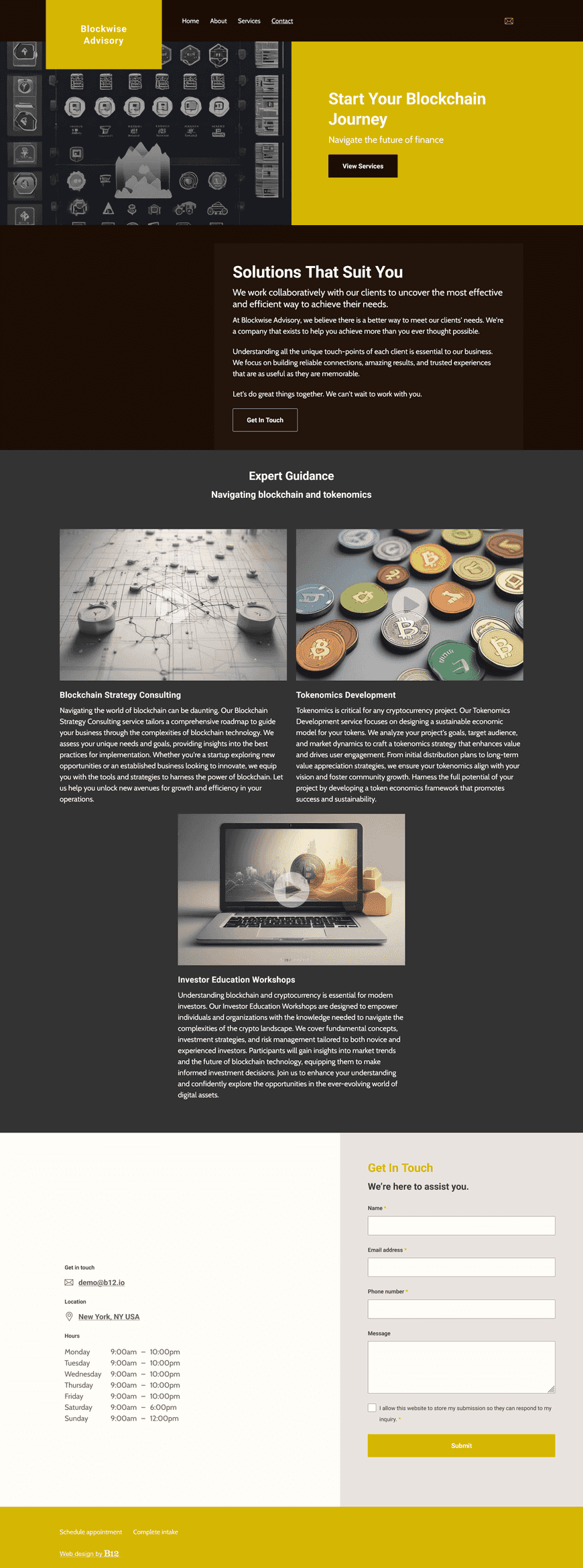 Design a professional website for a crypto consulting firm based in New York, specializing in helping startups and investors navigate blockchain technology and tokenomics. The design should be sleek and forward-looking, with dark mode styling, clean icons, and data-driven visuals. Include sections for services, founder profile, client industries, market commentary, and a contact form.