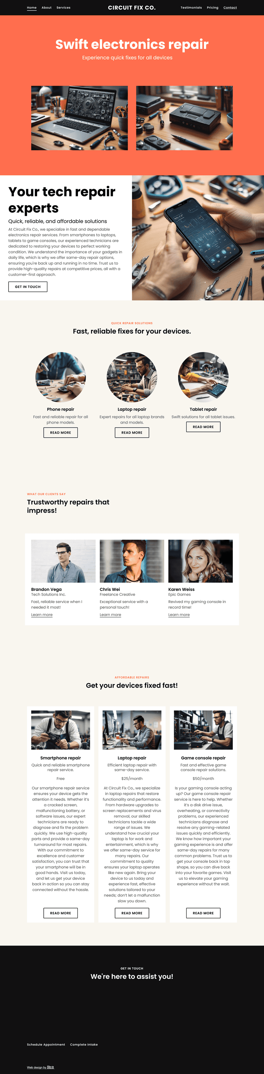 Build a trustworthy website for Circuit Fix Co., an electronics repair service based in San Diego, California. Feature same-day repair options for phones, laptops, tablets, and game consoles. Include a service menu with pricing and customer reviews. Use a clean, tech-forward aesthetic with bold icons and responsive design.