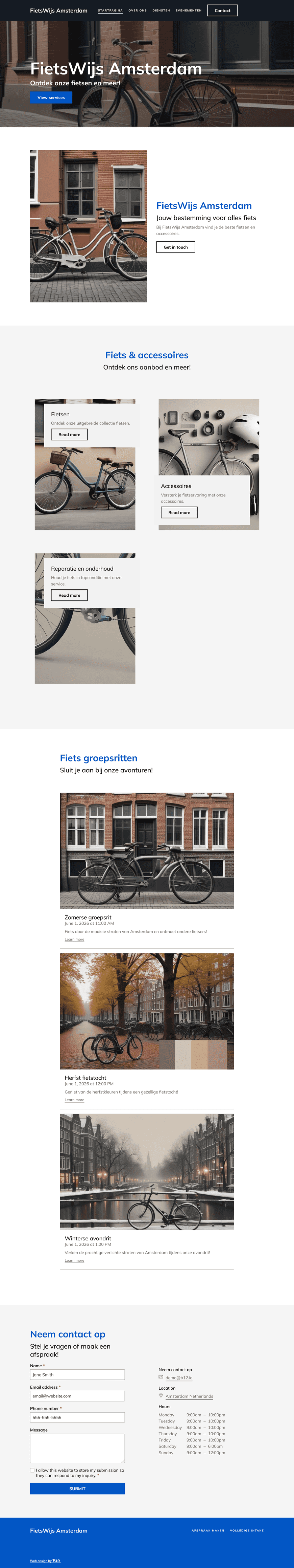 Ontwerp een sportieve en overzichtelijke website voor FietsWijs Amsterdam. De site moet producten tonen (fietsen, accessoires, kleding), een webshop, service-informatie (reparatie en onderhoud), klantrecensies, een evenementenpagina (groepsritten), en een contactformulier bevatten. De uitstraling moet energiek, vriendelijk en functioneel zijn.